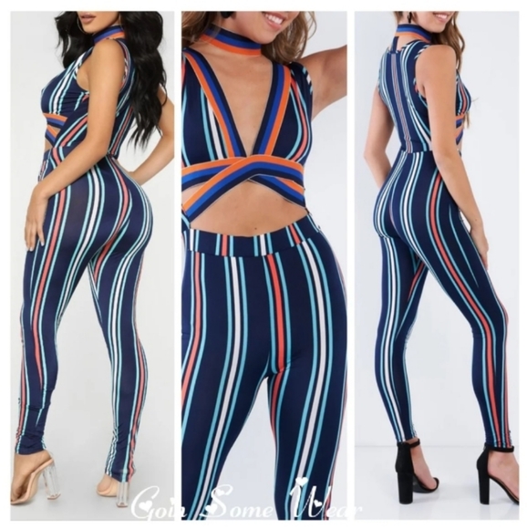 Chic Navy Milti Striped Jumpsuit SZ: LG - Picture 3 of 3